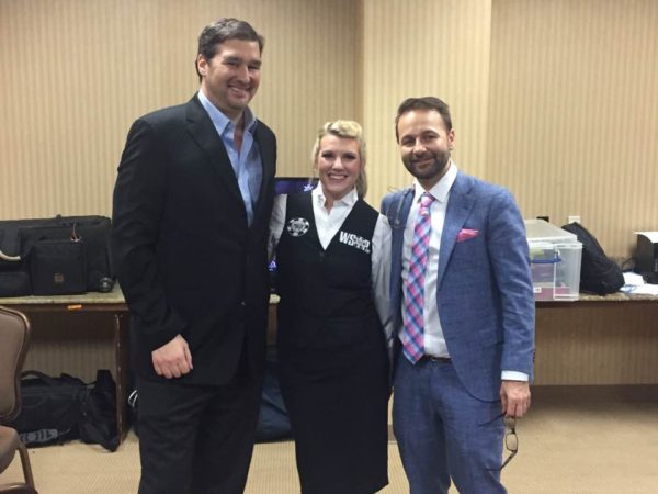 Emily DeLaine with Phil Hellmuth and Daniel Negreanu