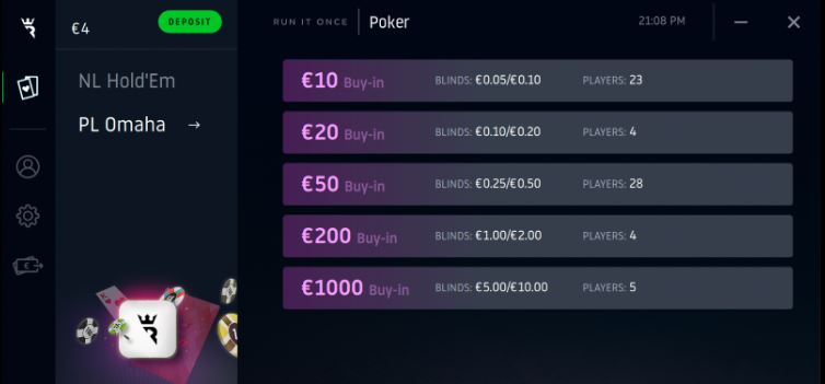 Run It Once Poker game types and stakes