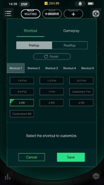 Pokio customisable bet sizes