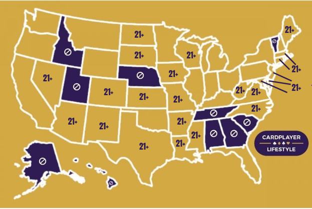 US poker states 21+ map