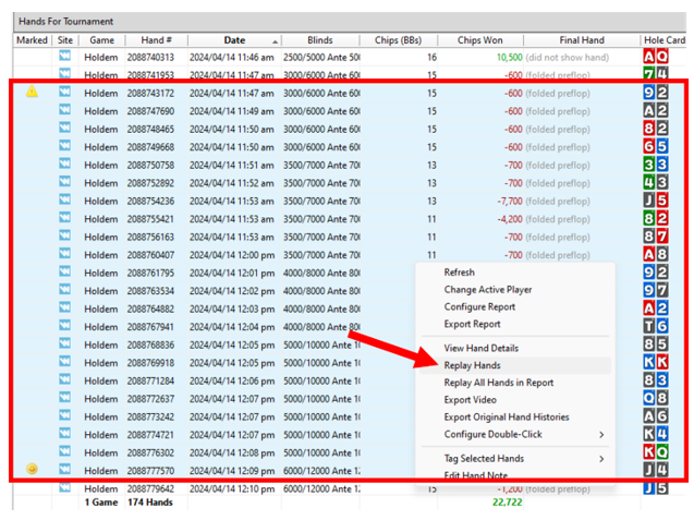 Replay tournament hands