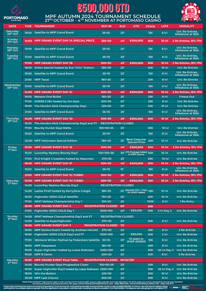 2024 Malta Poker Festival Autumn Schedule