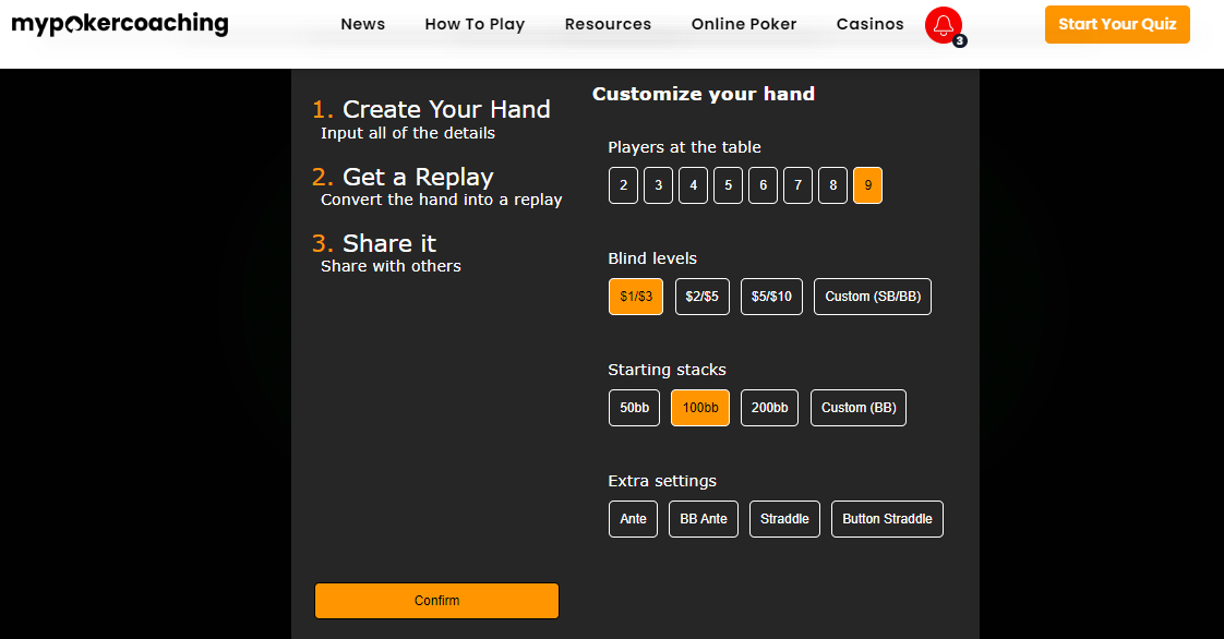 Live hand replayer input screen