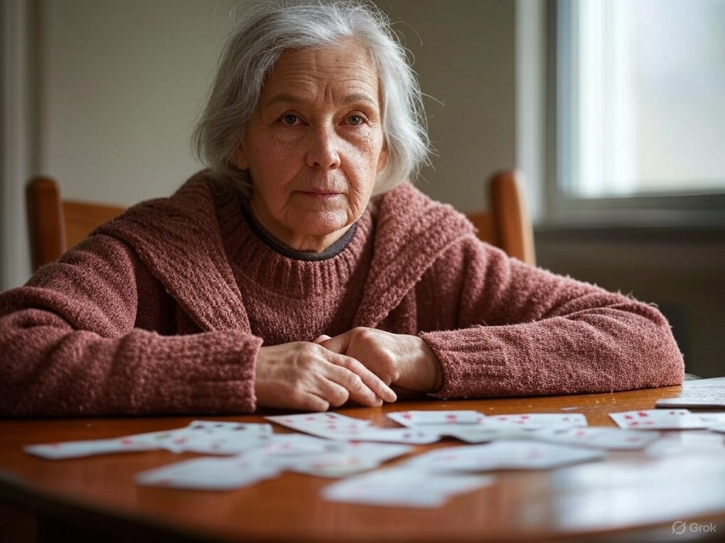 senior citizen with cards