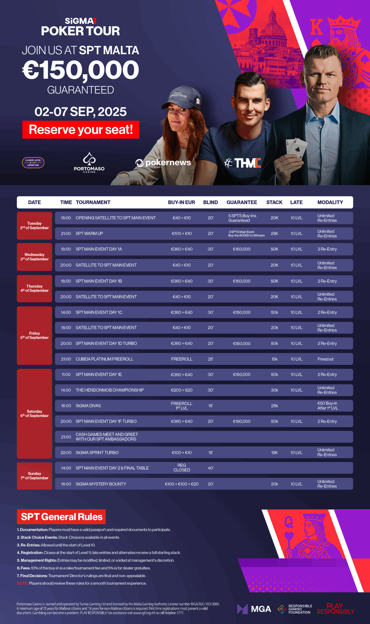 SIGMA Poker Tour Malta schedule