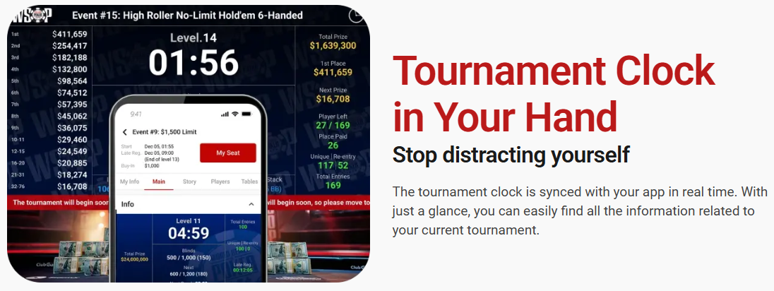WSOP Plus App tournament clock